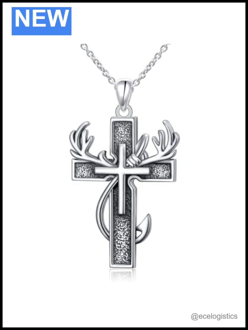 Fish Hook Cross Necklace for Men Sterling Silver Deer Antler Pendant